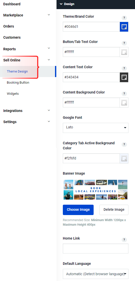 Rezdy Theme Design settings showing color customization, Google font selection, and banner image options under Sell Online.