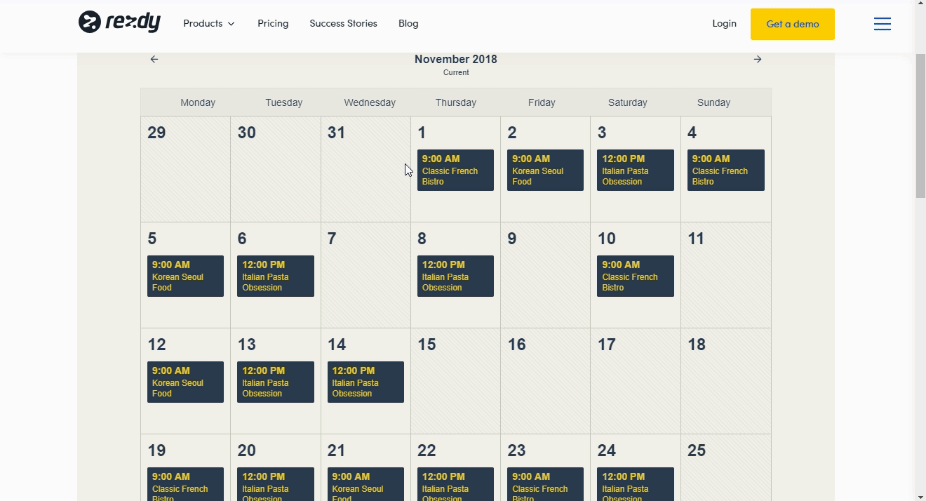 Recording showing Rezdy class booking schedule with date availability across several sessions.