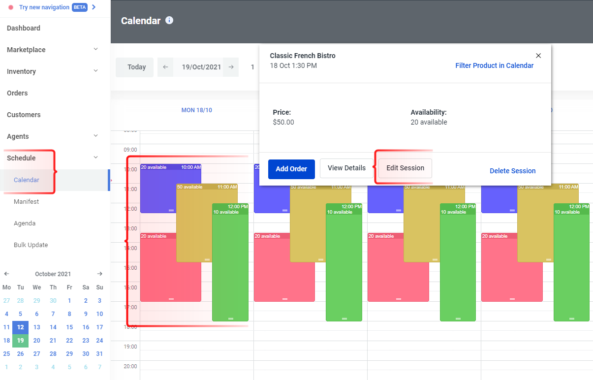 Calendar view with multiple colored session blocks and an edit session button for the Classic French Bistro product.