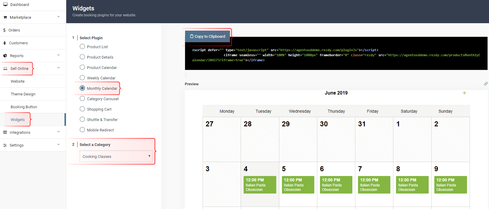 Rezdy Widgets configuration showing Monthly Calendar plugin setup for Cooking Classes with preview of June 2019 bookings for Italian Pasta Obsession.