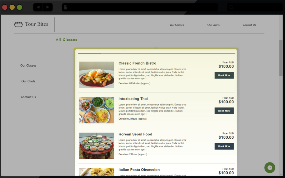 Cooking class list featuring Classic French Bistro, Intoxicating Thai, and Korean Seoul Food with prices.