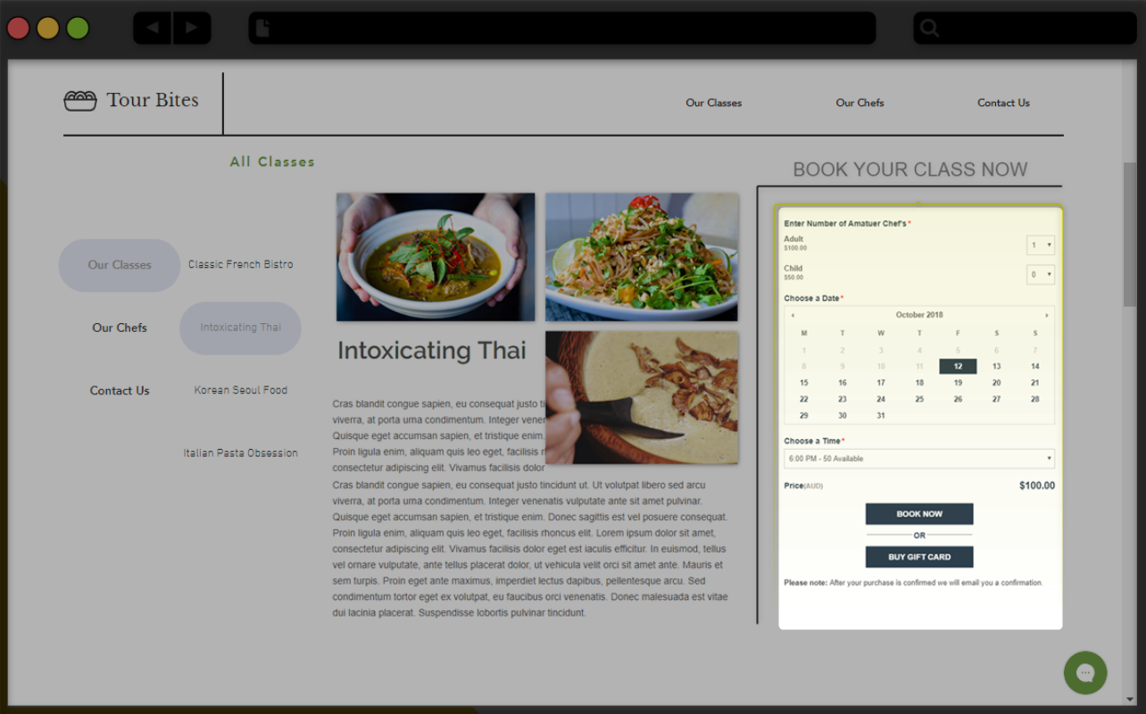 Booking interface for Intoxicating Thai class with food images, description, and reservation form.