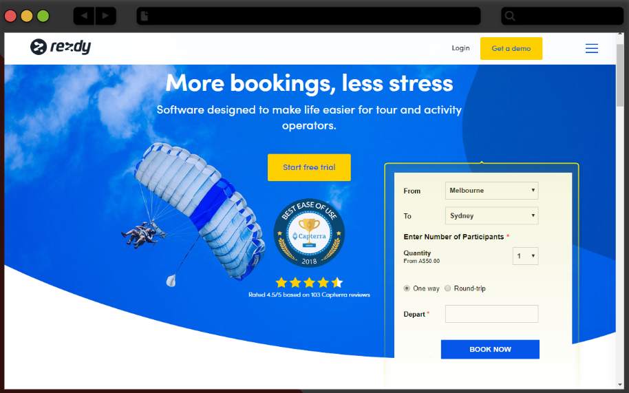 Rezdy homepage banner featuring skydiving imagery and an integrated booking form for travel and activity reservations.