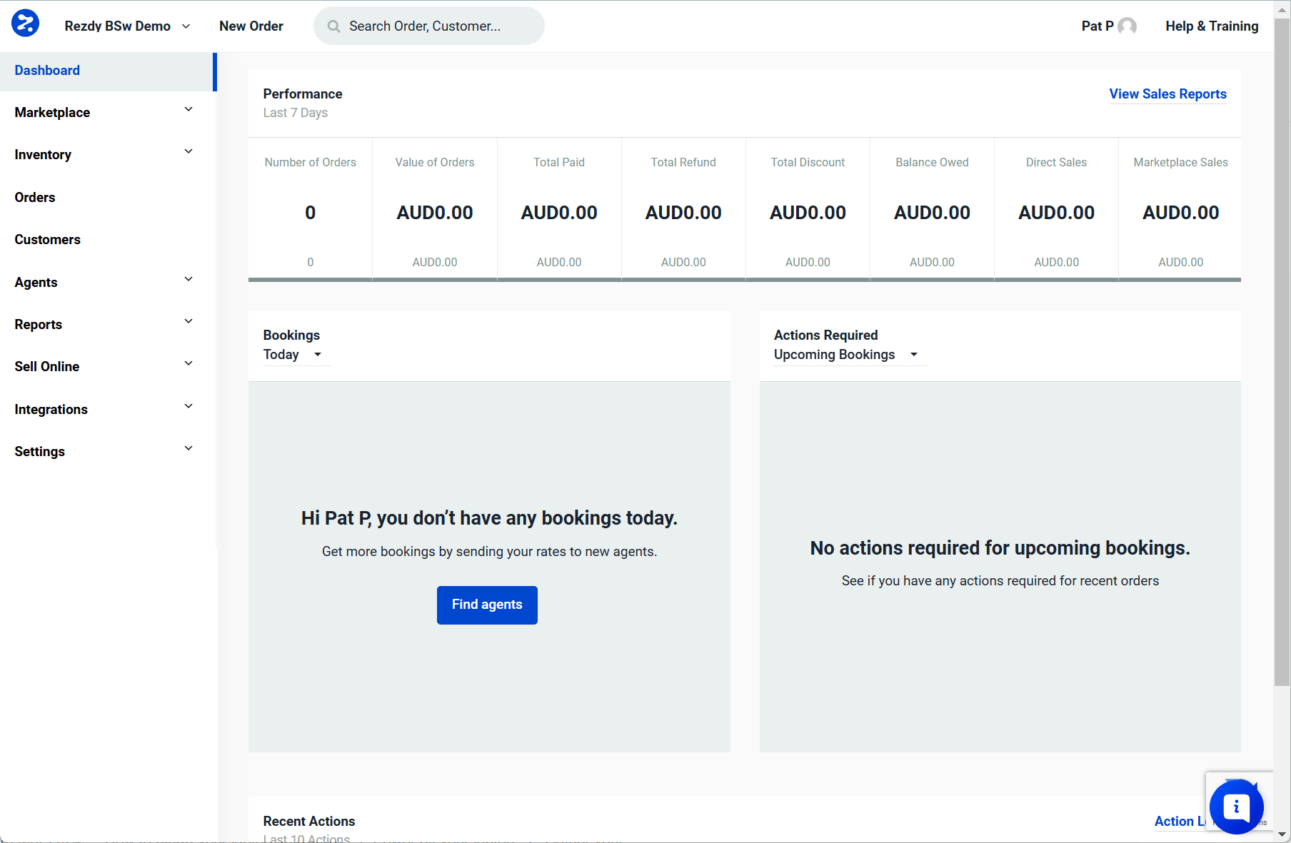 Animation showing a Rezdy dashboard with performance metrics, booking summary, and agent management options for user Pat P.