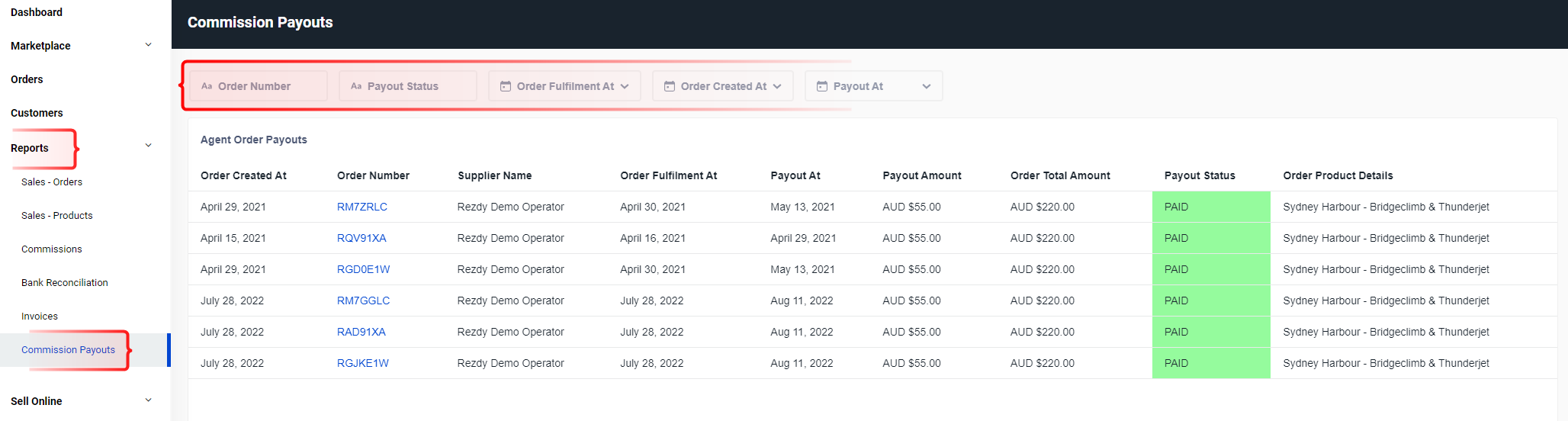 Rezdy Reports page showing Commission Payouts list with order details, payout dates, amounts, and paid status for Rezdy Demo Operator transactions.