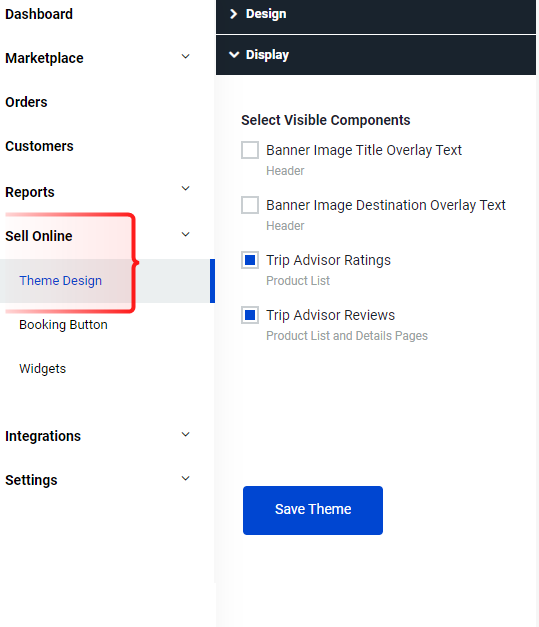 Rezdy Theme Design display settings allowing visibility toggles for banner text, Trip Advisor ratings, and reviews before saving the theme.