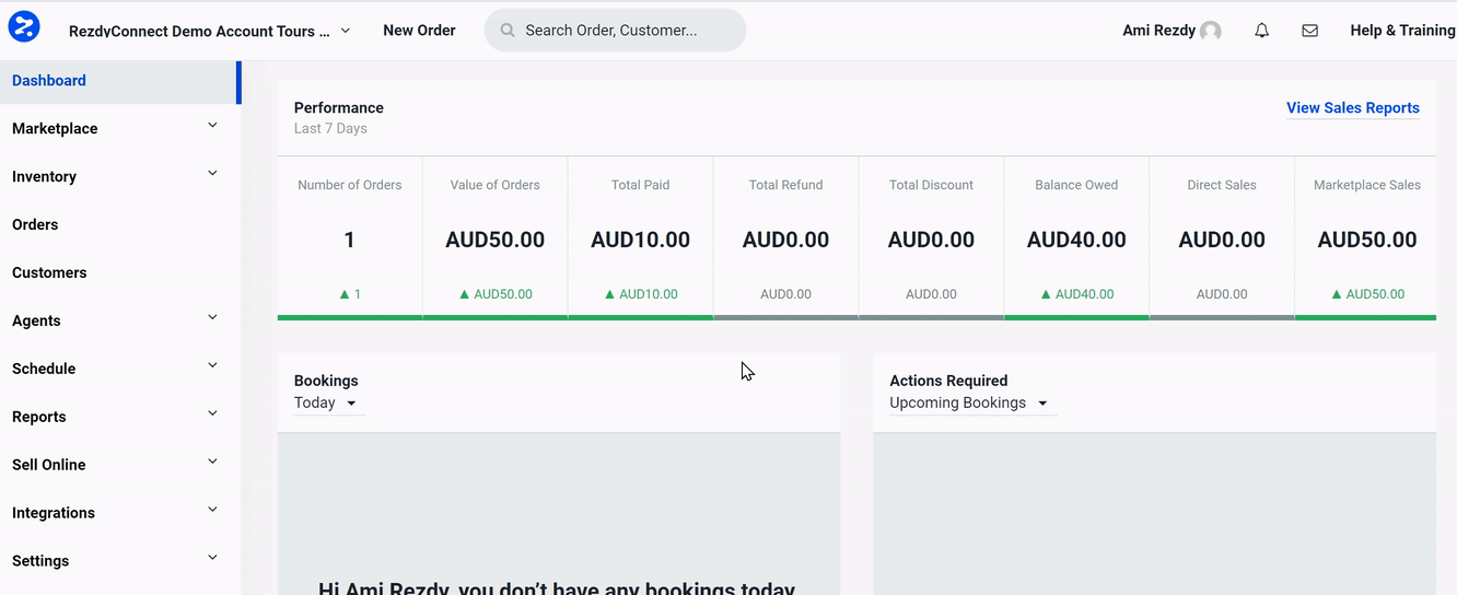 Animated dashboard from a RezdyConnect Demo Account showing performance metrics such as number of orders, total paid, balance owed, and marketplace sales, with live updates and navigation through sections like Marketplace, Inventory, Orders, and Reports.