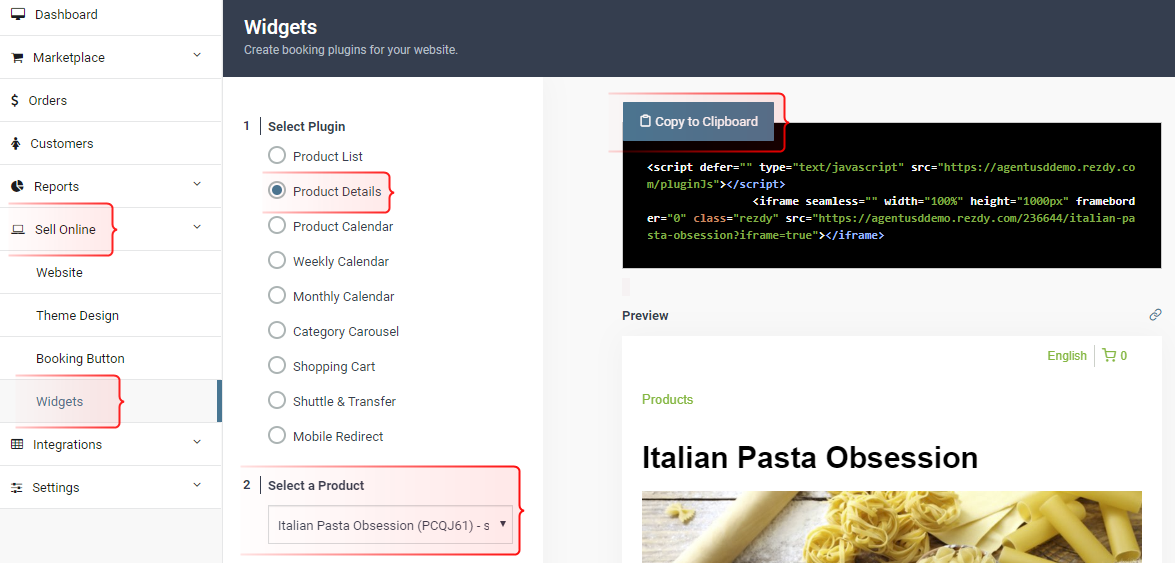 Rezdy Widgets configuration page showing Product Details plugin setup for Italian Pasta Obsession with embed code preview.
