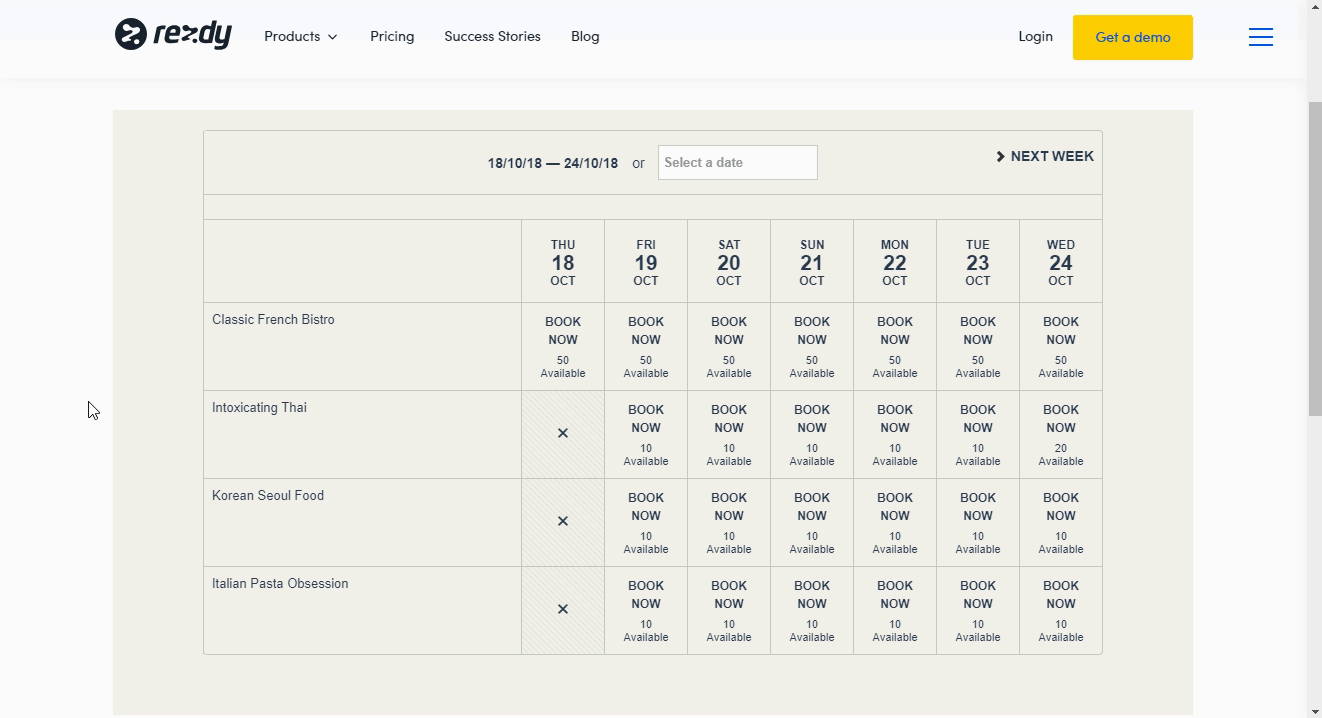 Recording showing a Rezdy class list with multiple cooking experiences and booking buttons.