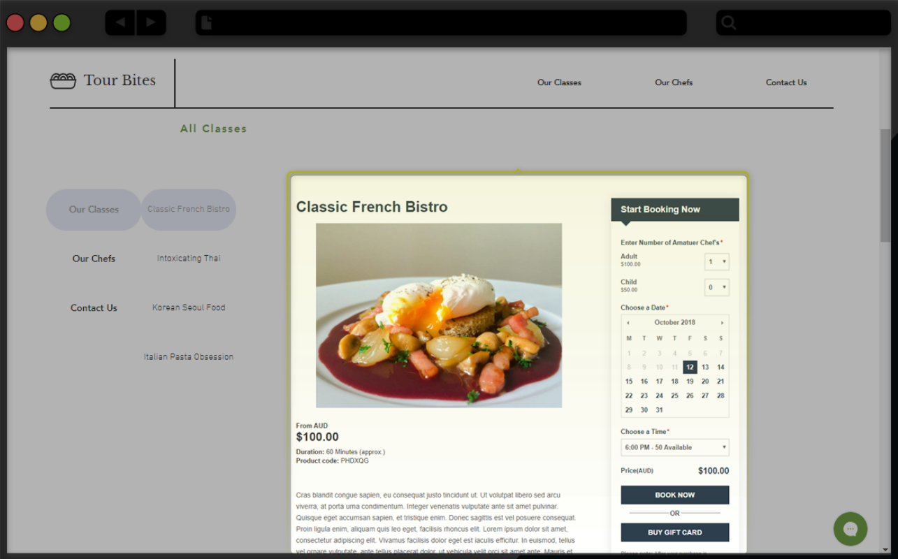 Embedded booking interface on a Tour Bites website showing product details and booking form for Classic French Bistro.