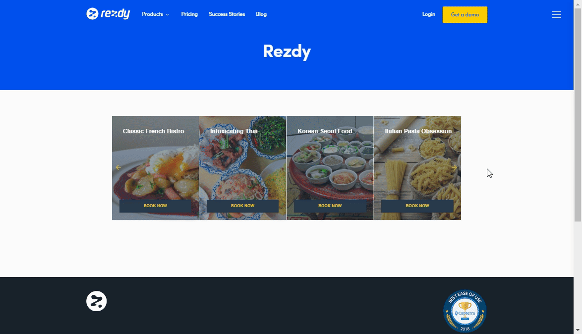 Rezdy category carousel displaying multiple cooking classes with images and “Book Now” buttons in a horizontal slider.
