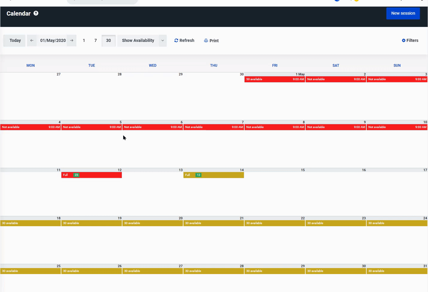 Updated calendar animation displaying session changes where availability shifts from open slots to not available after updates.