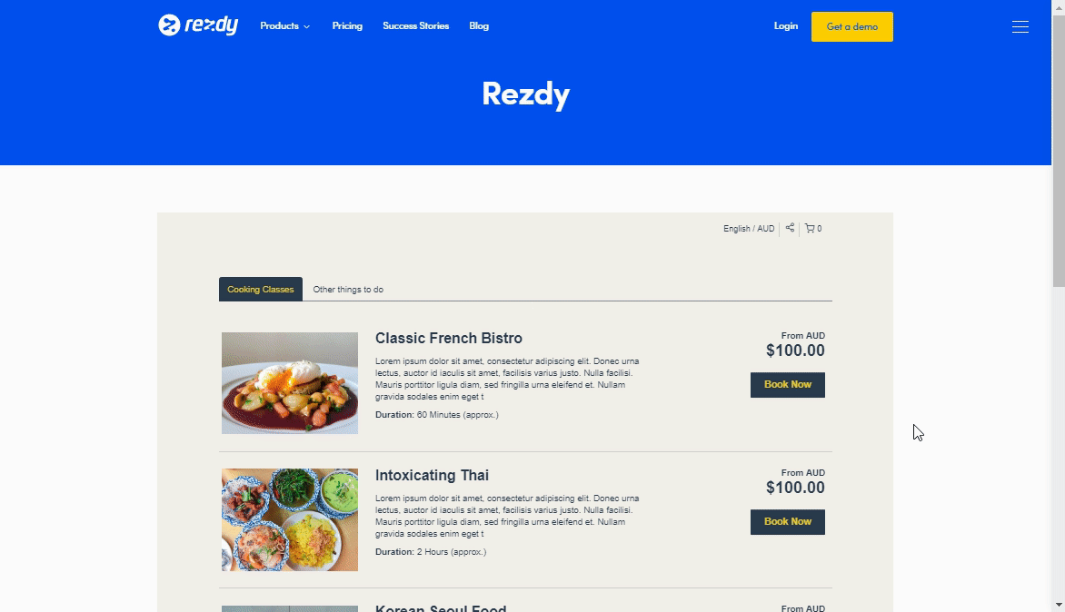 Animation showing a booking pop-up window opening on a Rezdy-powered website.