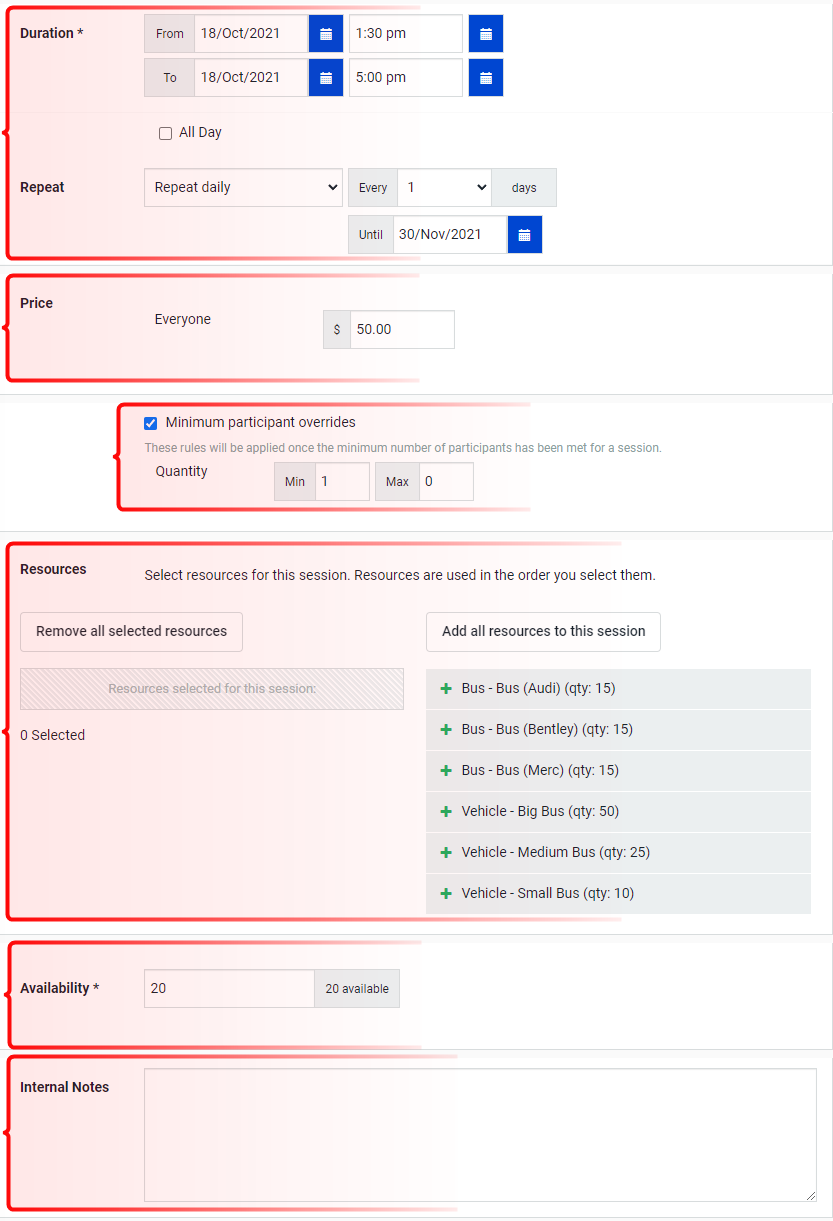 Edit session form displaying fields for duration, repeat frequency, price, participant limits, resources, availability, and internal notes.