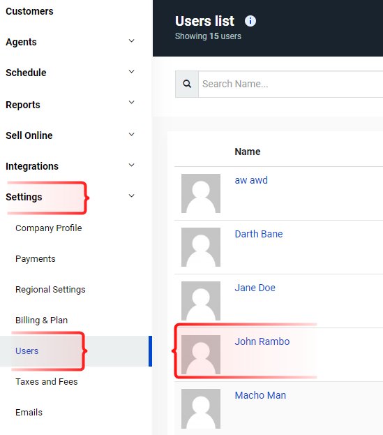 Users list under Settings showing multiple profiles with John Rambo highlighted for editing.