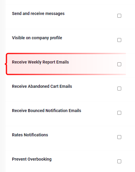 User permissions section displaying the option to enable or disable receiving weekly report emails.