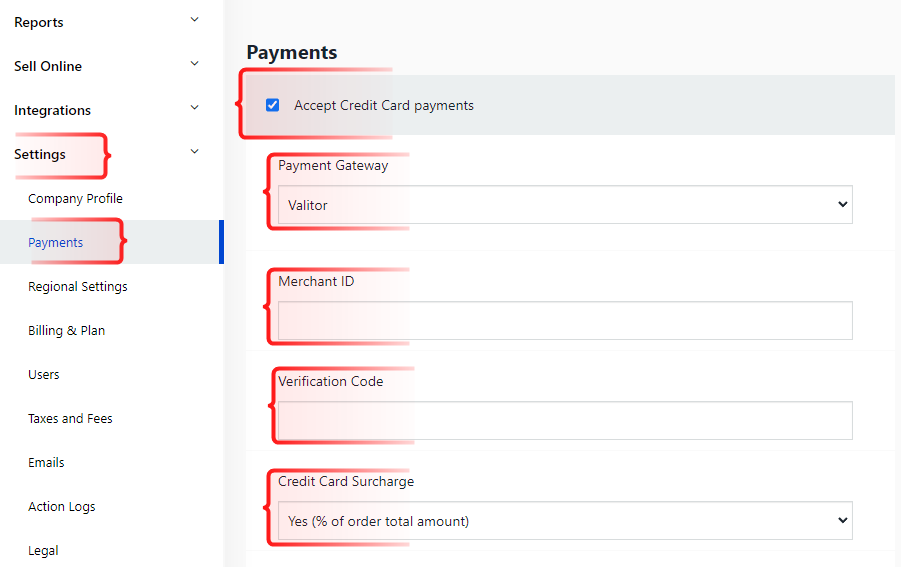 Payments settings screen showing Valitor gateway configuration with fields for merchant ID, verification code, and credit card surcharge option.