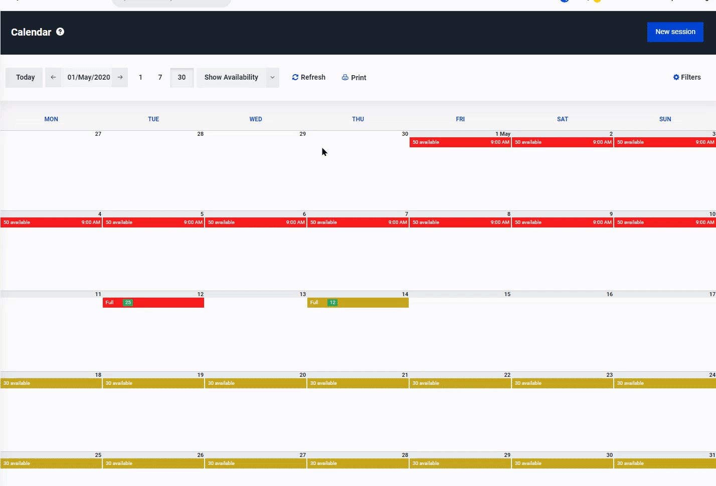 Animated calendar interface showing session availability updates across multiple weeks with color-coded availability indicators.