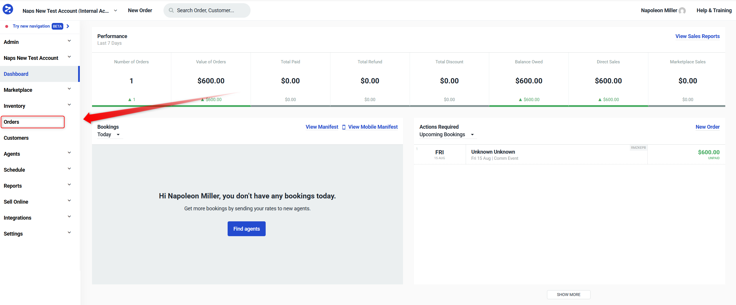 Dashboard view summarizing recent sales performance and linking to the orders section for booking management.
