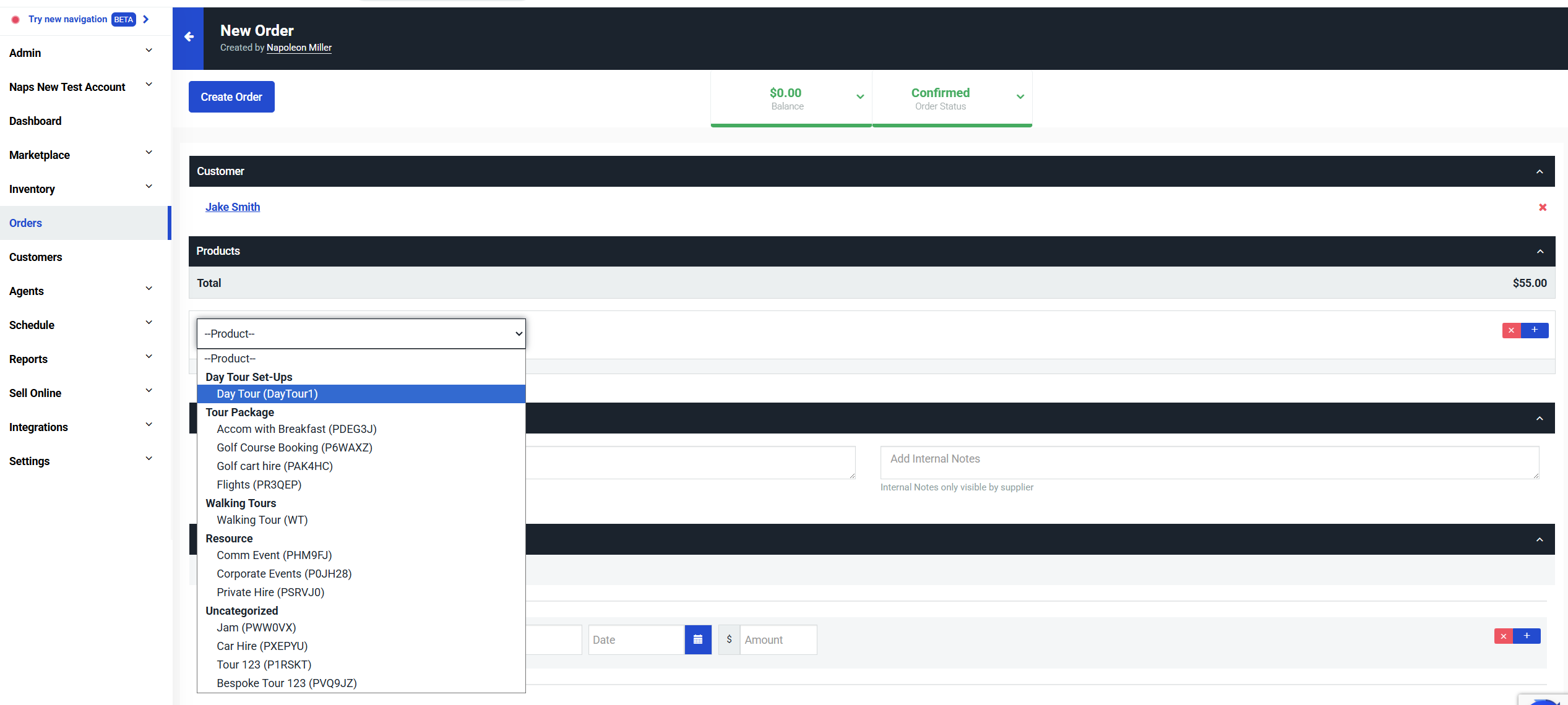 Product selection interface within a new order form allowing the user to choose from available tour packages and resources.