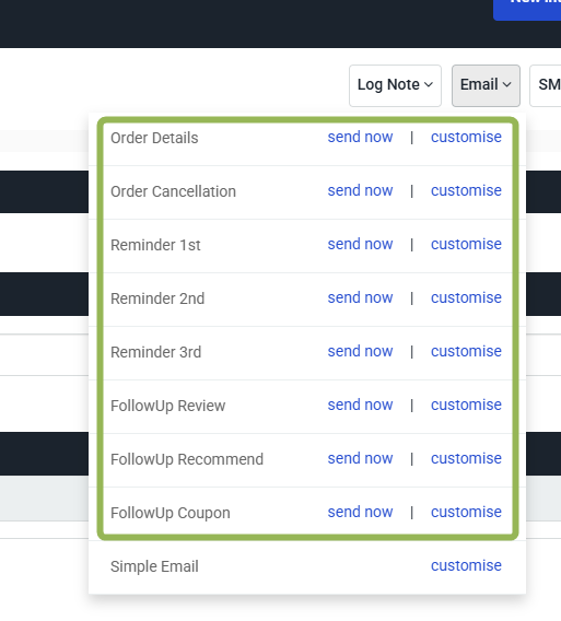Email options menu displaying templates for order details, reminders, and follow-up messages with send and customise links.