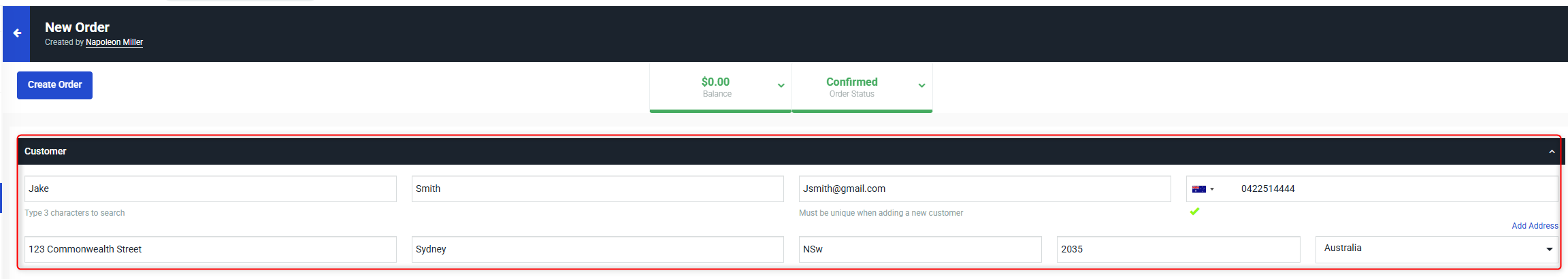 New order form displaying customer details including name, email, phone, and address fields.