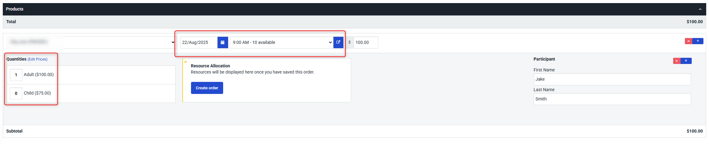 Order product configuration screen showing quantity, participant details, and available session time selection.