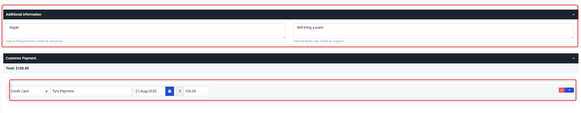 Order entry view displaying additional customer notes, payment method, date, and total amount details.