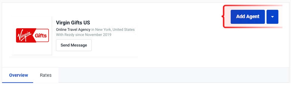 Virgin Gifts US partner page showing Add Agent button and company details as an online travel agency based in New York.