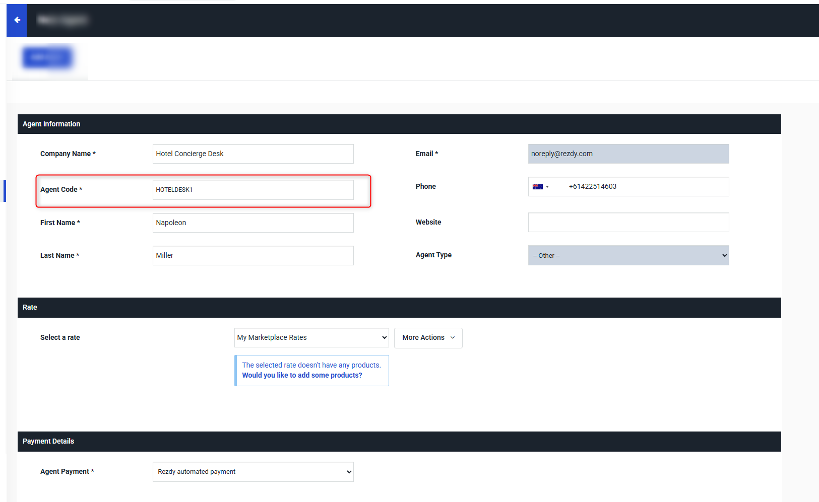 An agent information form with highlighted agent code field and contact details for Hotel Concierge Desk.