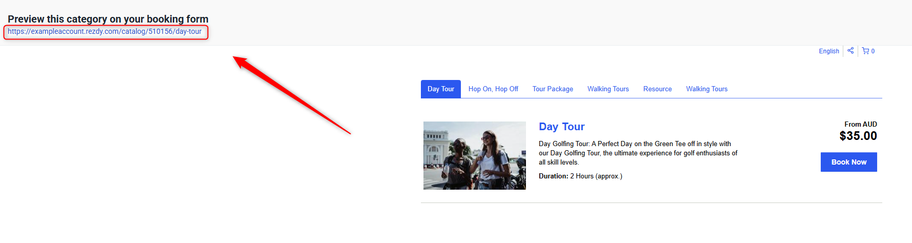 A booking form preview showing a Day Tour listing with a highlighted preview URL and booking details.