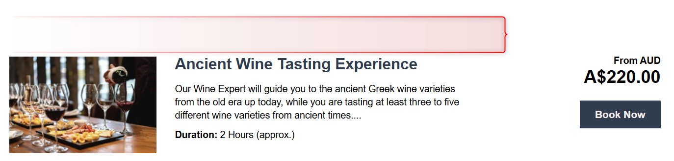 Product detail page for Ancient Wine Tasting Experience showing an image of wine glasses and appetizers, price in AUD, duration, and a Book Now button.