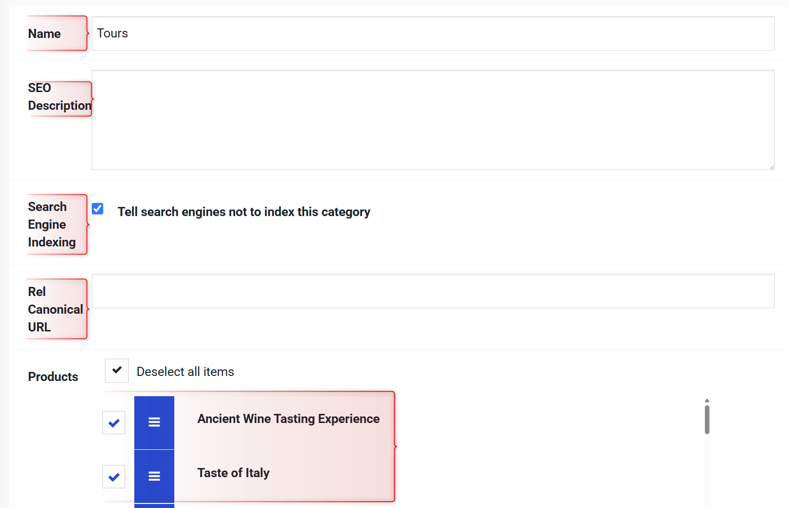 Form view showing category setup fields including name, SEO description, search engine indexing option, rel canonical URL, and product selection with checked items Ancient Wine Tasting Experience and Taste of Italy.
