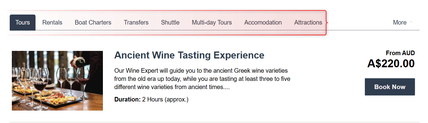 Website navigation bar highlighting the Tours category tab selected among options like Rentals, Boat Charters, Transfers, and Attractions, with Ancient Wine Tasting Experience listed below.