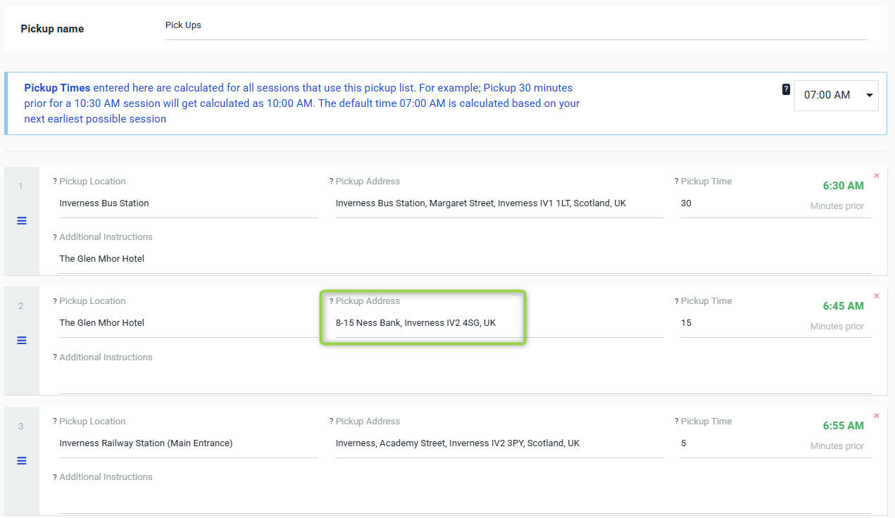 pickup list showing locations, addresses, and times for Inverness Bus Station, The Glen Mhor Hotel, and Inverness Railway Station, with the Glen Mhor Hotel address highlighted in green.