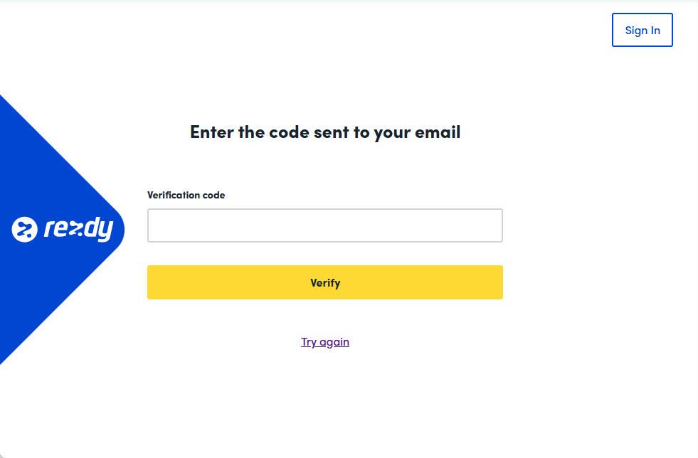 Sign-in screen asking for the six-digit verification code sent by email.
