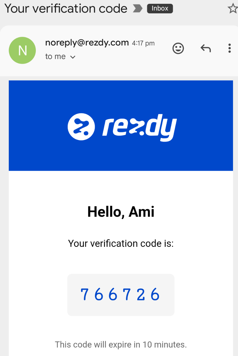 Email from Rezdy containing a six-digit verification code.