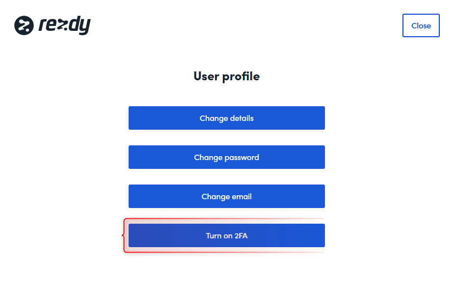 My Profile page showing the Turn on 2FA setting to switch on