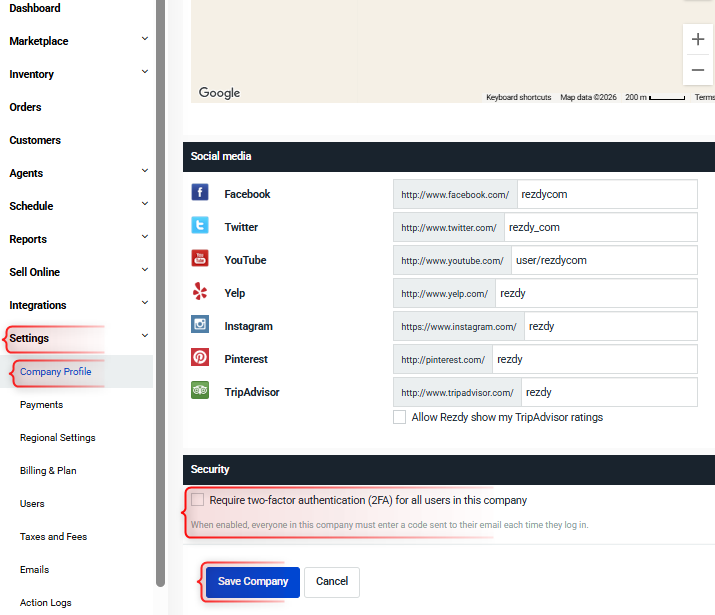 Company Profile page showing the company-wide two-factor authentication setting to switch on